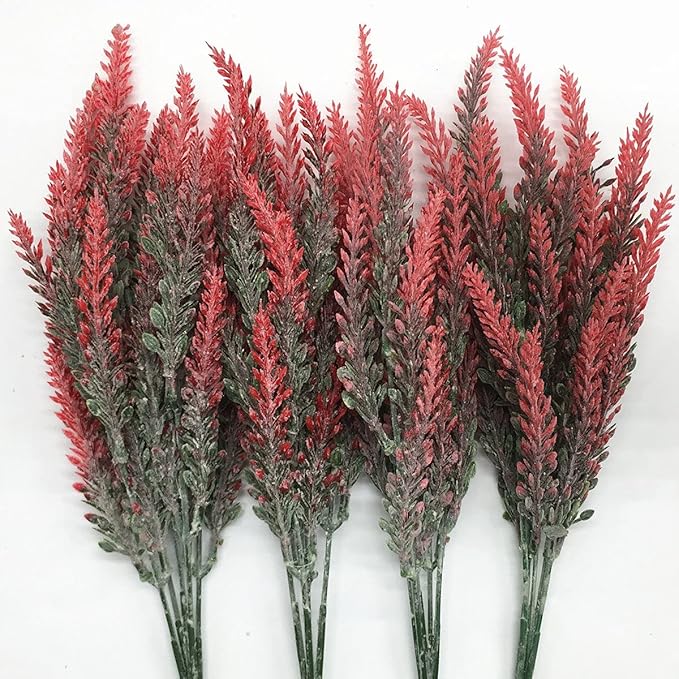 CATTREE Artificial Lavender, Plastic Plants Fake Flowers Bouquet Home Bridal Wedding Office Party Garden Balcony Indoor Outdoor DIY Centerpieces Arrangements Simulation Craft Decoration Red 4pcs