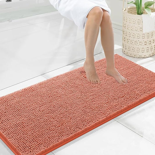 Smiry Luxury Chenille Bathroom Rugs 47x20, Extra Soft and Absorbent Shaggy Bath Mat, Machine Washable, Non-Slip Plush Carpet Runner for Tub, Shower, and Floor, Home Decor Accessories, Coral
