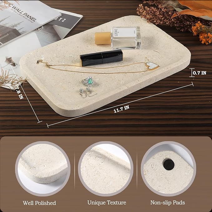Koville Marble Vanity Tray, 12"x8" Marble Organizer Tray for Countertop Bathroom Kitchen Dresser, Rectangular Decorative Jewelry Dish for Cosmetics Perfume Trinket(Brown)