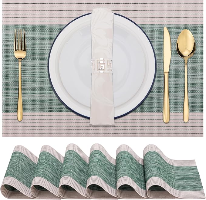 Winknowl Placemats, Set of 6 Heat Resistant Stain Resistant Woven Vinyl Insulation Place mats, Durable Washable Elegant Table Mats for Dining (Striped Green)