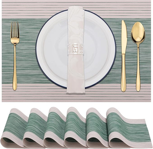 Winknowl Placemats, Set of 6 Heat Resistant Stain Resistant Woven Vinyl Insulation Place mats, Durable Washable Elegant Table Mats for Dining (Striped Green)