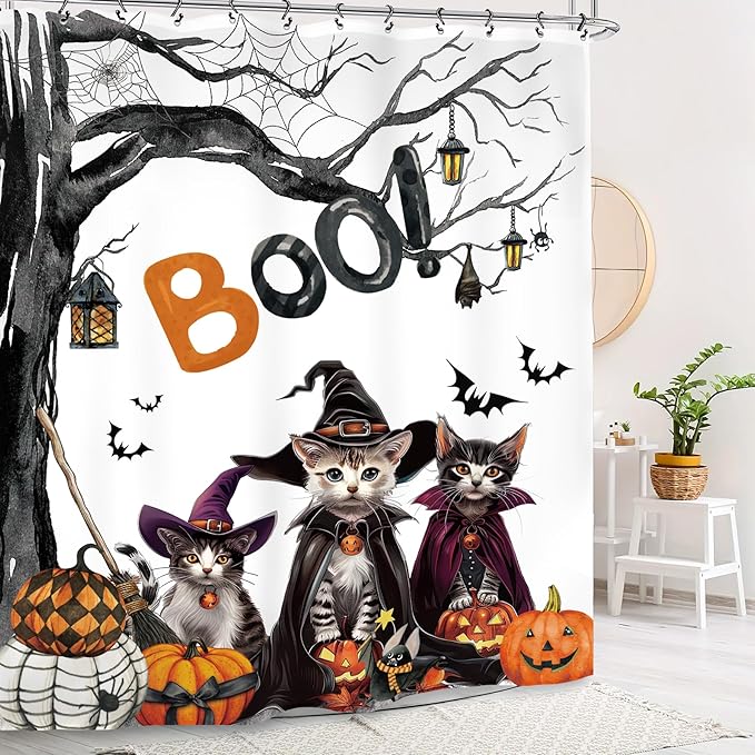 Halloween Cat Gothic Shower Curtain 60Wx72L Inch Pumpkin Horror Spider Bat Scary Spooky Witchy Animal Bathroom Set Accessories Decor with 12 Pack Hooks