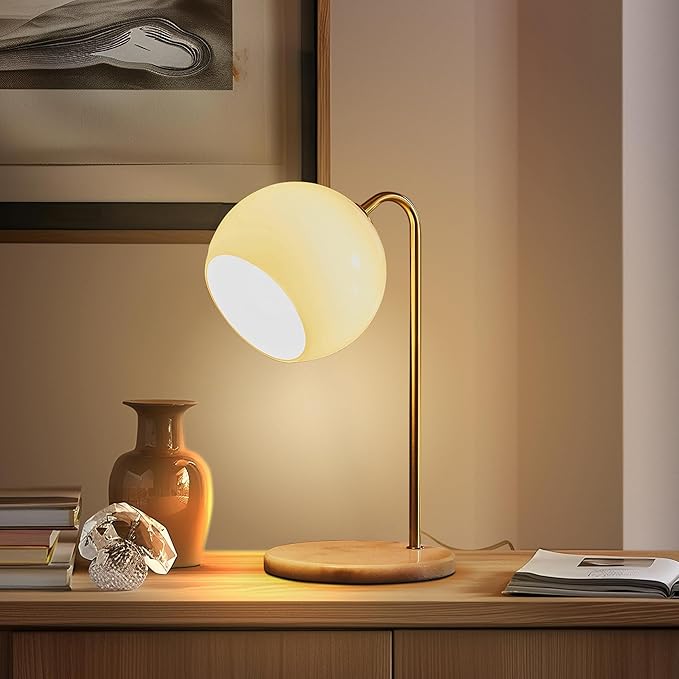 Brightech Krystal LED Table Lamp, Frosted Glass Globe Arcing Living Room Lamp, Mid-Century Modern Standing Lamp for Living Rooms, Boho Rustic Indoor Table Lamp for Bedrooms & Offices - Brass