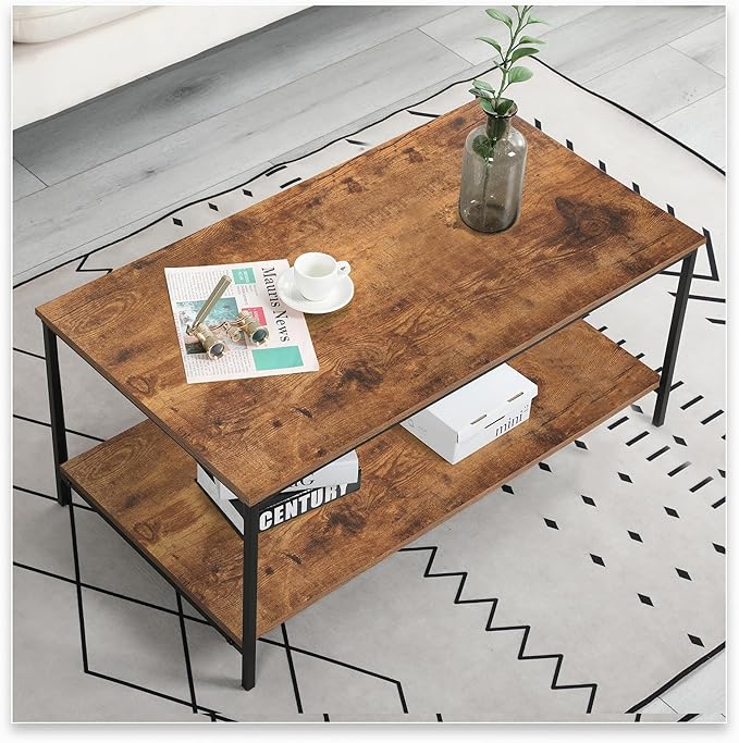SENIG 2-Tier Coffee Table with Storage Shelf for Living Spaces, Brown Rectangle Wood and Sturdy Metal Side End Table, Functional Center Table for Living Room, 39.3 x 20 x 16