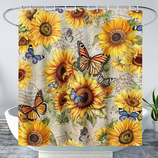 AILONEN Girls Sunflower Shower Curtain,Butterfly Sunflower Bath Curtain for Kids Women,Vintage Yellow Flower Decor Bathroom Curtain with 12 Plastic Hooks, 48" W x 72" H