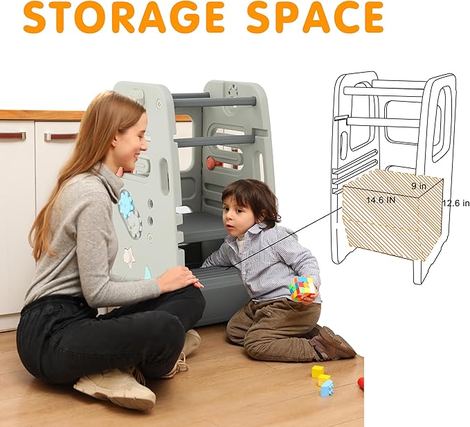 SDADI Multifunctional Toddler Tower with Double Safety Rails - Adjustable & Non-Slip for Kitchen and Bathroom Use - Montessori Step Stool for Kids, Dark Gray and Light Gray