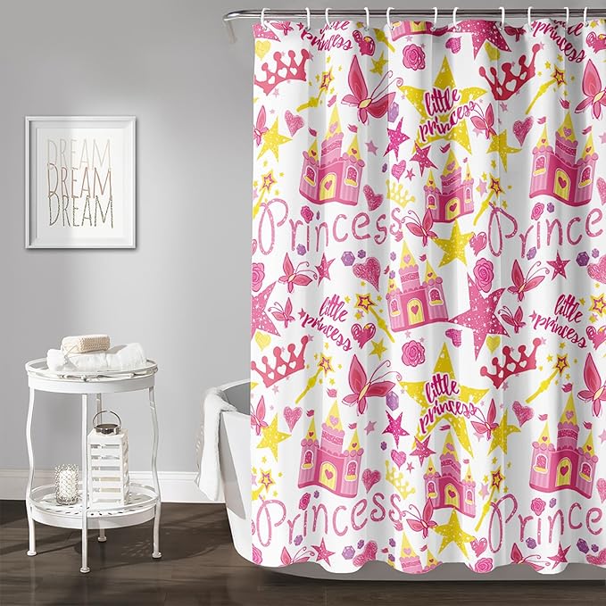 AILONEN Princess Castle Shower Curtain,Cartoon Butterfly and Rose Bathroom Shower Curtain for Girls Boys Kids Teens, 72" W*72" H Pink Glitter Star Theme Bathroom Decor