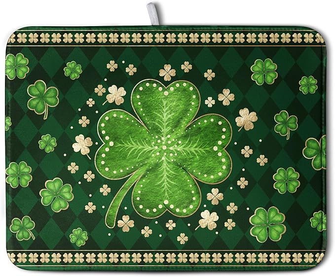St Patrick's Day Green Shamrock Dish Drying Mat for Kitchen Counter 18x24 Inch Lucky Clover Check Plaid Drying Mat Spring Microfiber Dish Drainer Mat Super Absorbent Dish Rack Pad for Coffee Bar Sink