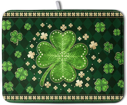 St Patrick's Day Green Shamrock Dish Drying Mat for Kitchen Counter 18x24 Inch Lucky Clover Check Plaid Drying Mat Spring Microfiber Dish Drainer Mat Super Absorbent Dish Rack Pad for Coffee Bar Sink