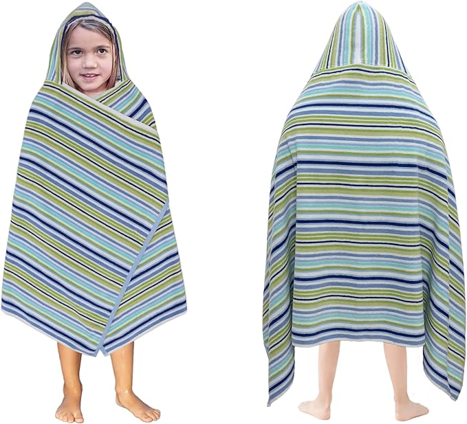 Hooded Bath Towel Wrap - 100% Cotton Terry Large Oversized Hooded Kids Towel - Toddler Shower Pool Beach Towel - Super Soft Plush Absorbent Quick Dry Easy Care Gift - 30x60 - Blue Multi