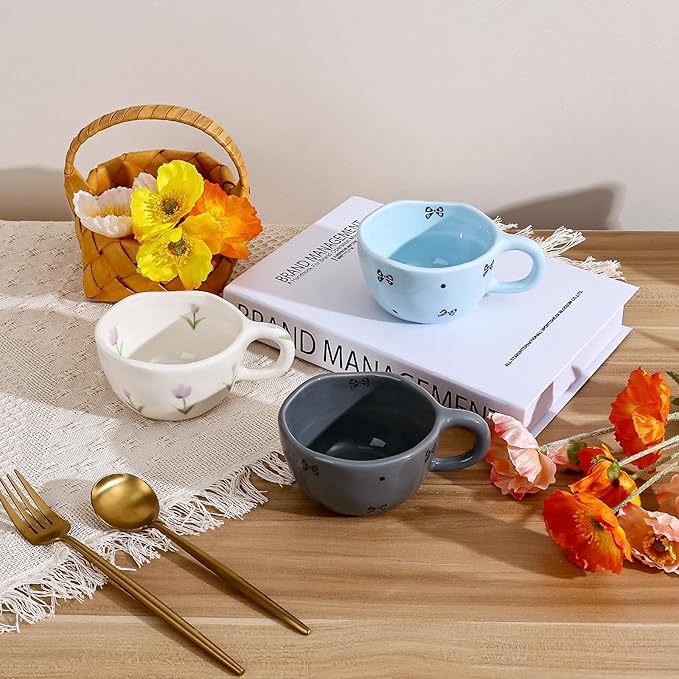 Koythin Ceramic Coffee Mug, Handmade Hot Chocolate Mugs, Cute Cup for Girl Women, Aesthetic Tea Milk Cup with Handle, 8.5 oz/250 ml for Latte, Cocoa, Office, Home (Blue Small Bow)