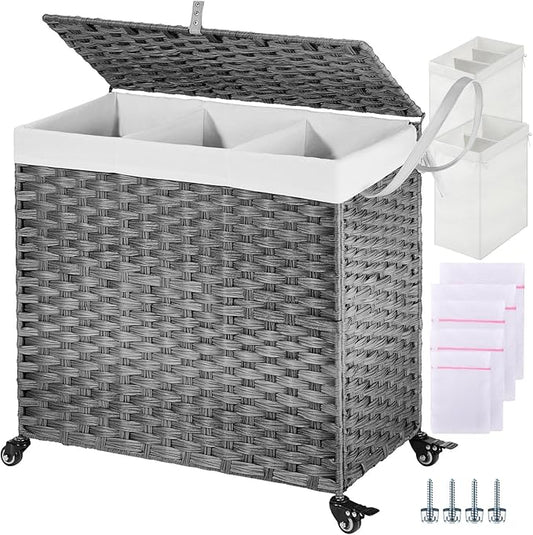 GREENSTELL Laundry Hamper with Wheels&Lid, 130L Large 3 Sections Clothes Hamper with 2 Types Removable Liner Bags, 5 Mesh Laundry Bags, Handwoven Divided Laundry Basket Gray