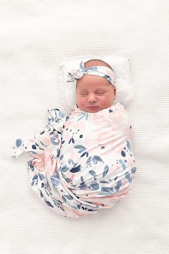 Newborn Baby Girl Receiving Blanket Swaddle Blanket Stretchy Knit Swaddle Set with Matching Headband and Beanie (Ink and Pink Floral)