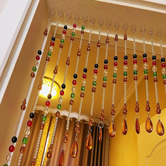 Hanging Glass Door Beads Beaded Curtains Valance Self-Adhesive for Doorways Crystals Stran Arched Windows, Clear Crystal Room Bead Partition Curtain Door Frame Beads for Doorways Closets 5