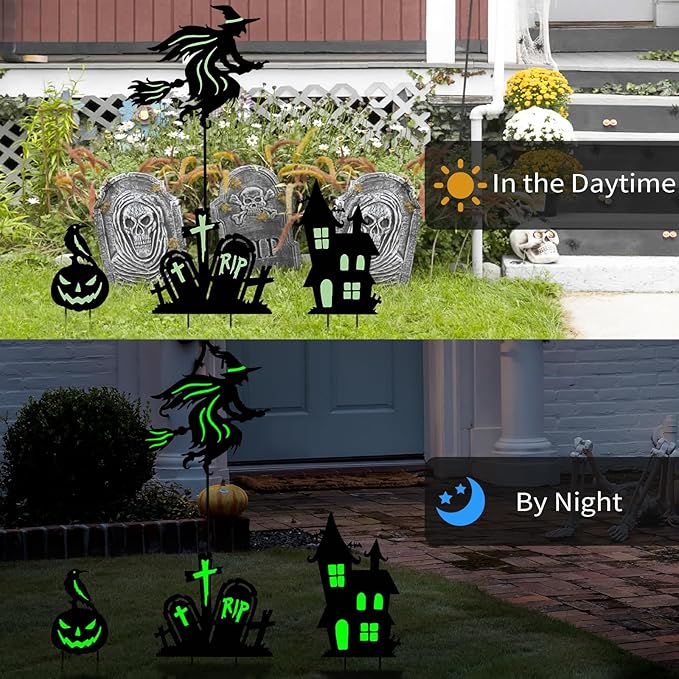 BRIGHTDECK Halloween Outdoor Yard Decorations, Set of 3 Glow in The Dark Witch Broom Fluorescent Waterproof Metal Stakes for Lawn Garden Halloween Decor (Flying Witch Tombstone Pumpkin Haunted House)