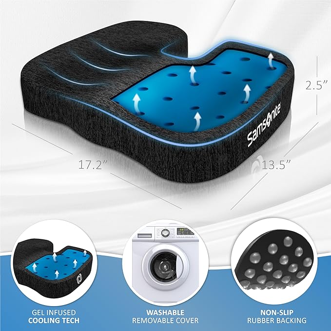 SAMSONITE Gel-Infused Memory Foam Seat Cushion with Enhanced Airflow Design for Cooling Experience, Fits Most Office Chairs and Car Seats, Supportive Sitting Pillow for Orthopedic Comfort…