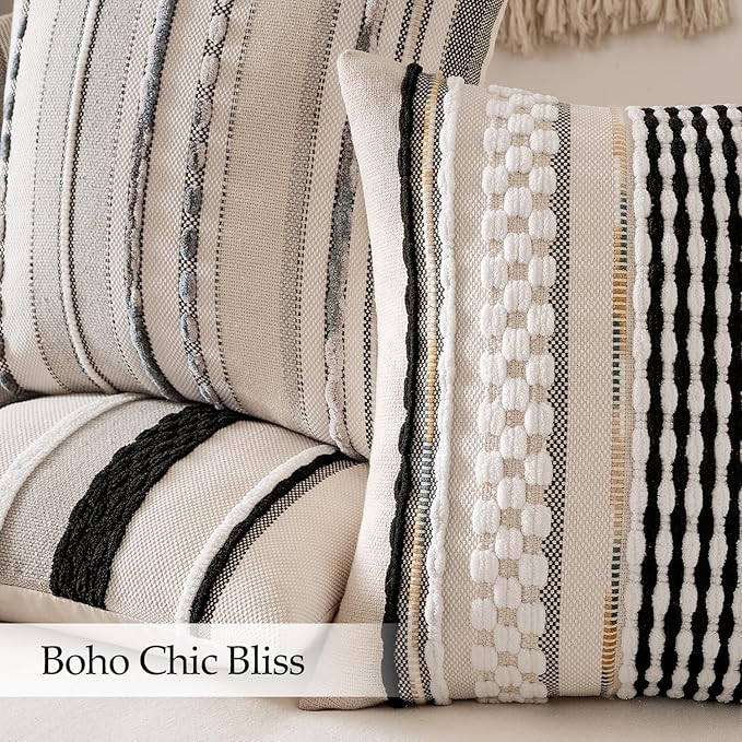 ANRODUO Pack of 2 Boho Decorative Throw Pillow Covers 18x18 Farmhouse Cushion Case Striped Chenille Pillow Cases Square Pillow Covers Accent Neutral Pillowcase for Sofa Couch Bed, Gray Stripe