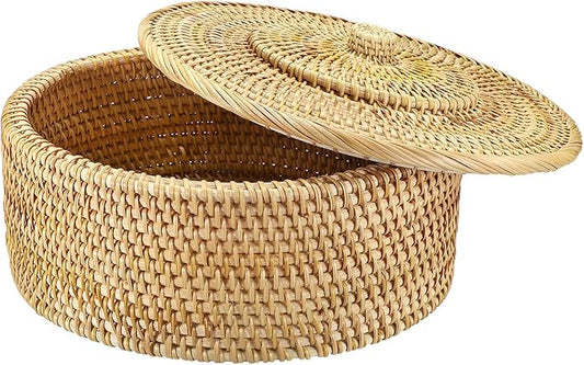 Hipiwe Round Rattan Boxes with Lid Woven Wicker Storage Basket Bin Decorative Shelf Baskets Multi-Purpose Household Organizer Lidded Basket for Storage Rattan Box, 11.9 x6 inch
