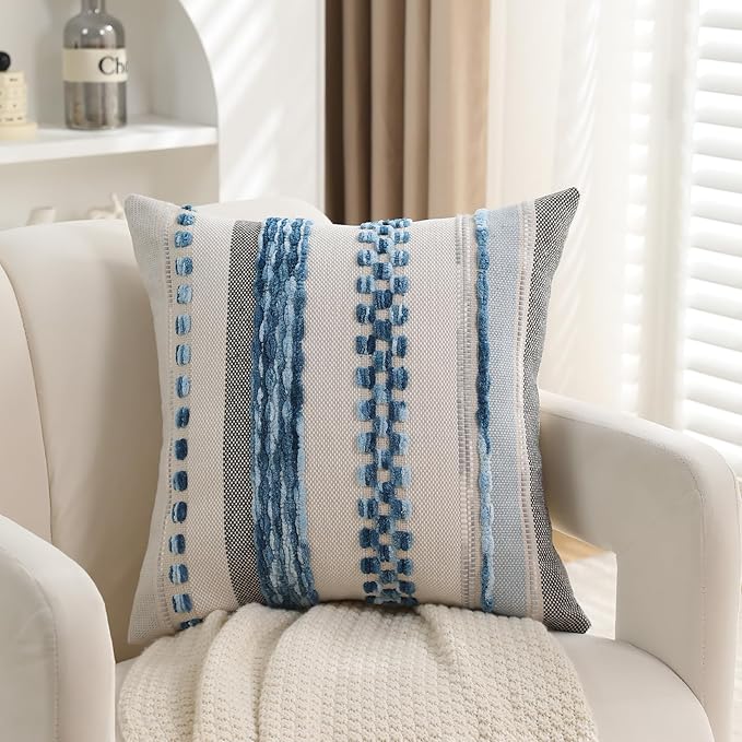 Boho Pillow Covers 18x18 Set of 2 for Couch-Modern Farmhouse Sofa Decorative Blue Throw Pillow Covers Textured Chenille Cushion Covers Outdoor Netural Bohemian Pillow Cases Square