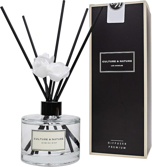 CULTURE & NATURE Reed Diffuser Set 6.7oz (200ml) Jasmine Mint Scented Diffuser with Sticks Home Fragrance Reed Diffuser for Bathroom Shelf Decor