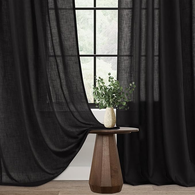 Black Linen Curtains 90 inches Long for Bedroom Back Tab Light Filtering Privacy Semi Sheer Black Curtains Living Room Boho Rustic Farmhouse Cotton Textured Gauze Curtain 2 Panel Set