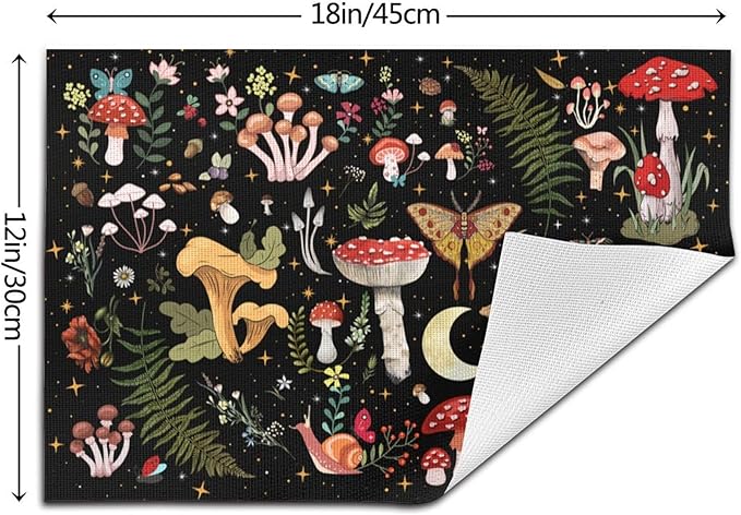 Mushroom Placemats Set of 4, Moth Gothic Witchy Table Mats, Heat Resistant Washable Placemat for Kitchen Dining Tables Decor, Black and Red Linen Place Mats 12"x18", Witchy Gifts for Women