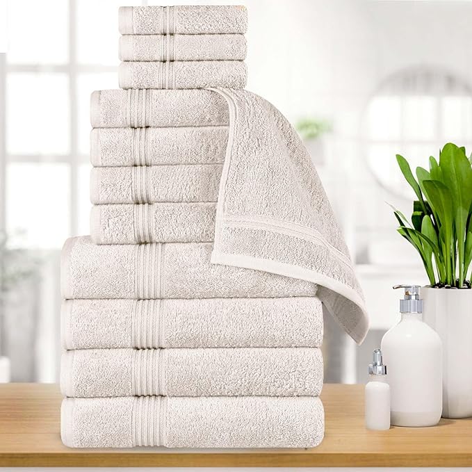 Superior Egyptian Cotton 12-Piece Towel Set, Assorted Towels for Home Bathroom, Guest Bath Decor Essentials, Includes 4 Bath, 4 Hand, 4 Face Towels/Washcloths, Quick Dry, Absorbent - Ivory