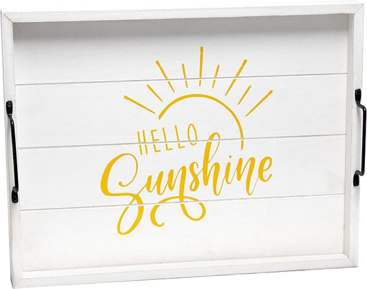 Elegant Designs, 15.50"" x 12"", Hello Sunshine Decorative Wood Serving Tray w/Handles, White Wash (HG2000-WHS)