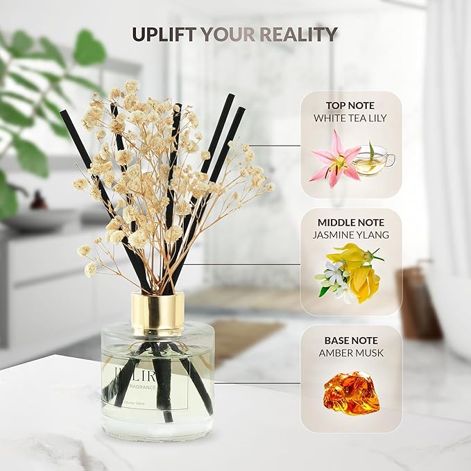 Flower Reed Diffusers for Home with 1 Jasmine & White Tea Double Essential Oil, 3.4 oz (100ml) - Elegant Reed Diffuser Set with 5 Sticks for Home Decor, Bathroom, Any Room, Housewarming Gift