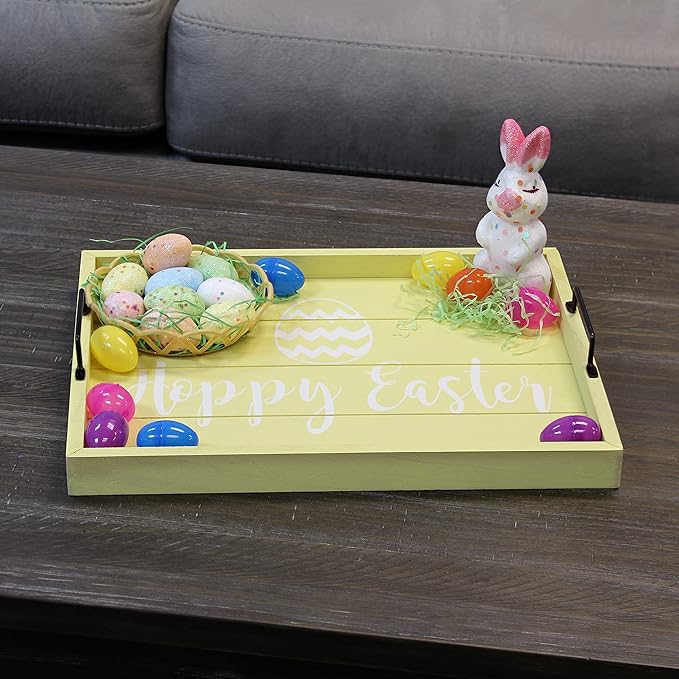 Elegant Designs HG2000-YHE Decorative Wood Serving Tray w/Handles, 15.50" x 12", Hoppy Easter