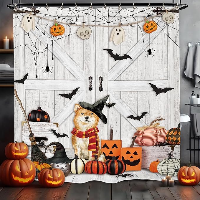 Halloween Dog Pumpkin Shower Curtain 60Wx72L Inch Barn Door Horror Scary Spooky Wood Farmhouse Rustic Bat Bathroom Set Accessories Decor with 12 Pack Hooks