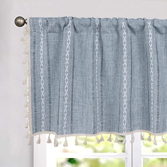 ColorBird Kitchen Short Curtains，52 x 18 inch Blue Striped Valance Curtains Light Filtering Tier Curtains, 1 Panel Embroidered Kitchen Window Curtains Over Sink for Laundry Room RV Camper