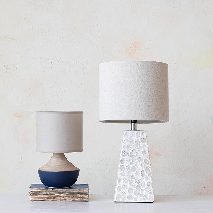 Creative Co-Op Stoneware Portable Table Lamp with Linen Shade, Black and Natural