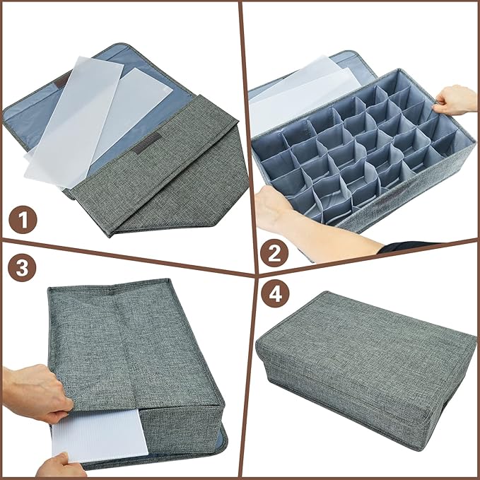 PINGMIC Gray Sock Organizer Divider 2 Pack with Lid - 30 Cell Foldable Closet Storage, Tie Organizer For Men Boxes for Socks, Ties, Belts 0
