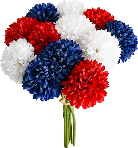 Mandy's Red White Blue Artificial Ball Chrysanthemum 12 Stems Faux Flowers with Bendable Stems for DIY Wedding Centerpiece Fall Decor Home Arrangements