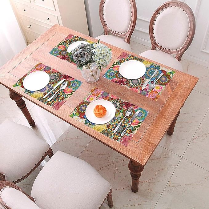 Boho Floral Placemats Set of 4, Colorful Flowers Decorative Dining Table Mats 12"x18", Washable Place Mat for Kitchen Dining Holiday Party Home Decor, House Warming Gifts for New Home Women