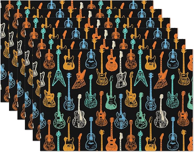 Colorful Guitar Placemats Set of 6, Waterproof Non-Slip Washable Table Mats Set for Kitchen Dining Holiday Party Wedding Decor 12x18 Inch