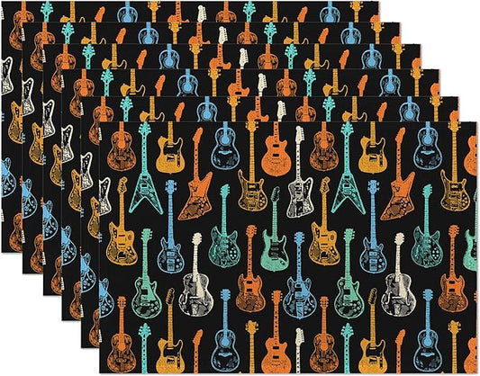 Colorful Guitar Placemats Set of 6, Waterproof Non-Slip Washable Table Mats Set for Kitchen Dining Holiday Party Wedding Decor 12x18 Inch