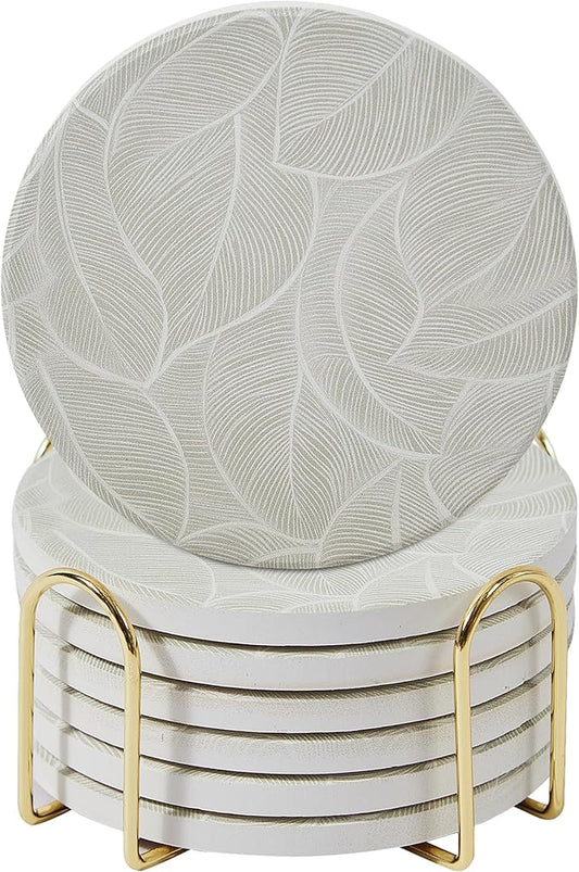 Ceramic Absorbent Coasters Set of 6 with Holder, Marble Drink Coasters for Coffee Table, Water Absorbing Coaster (Leaf)