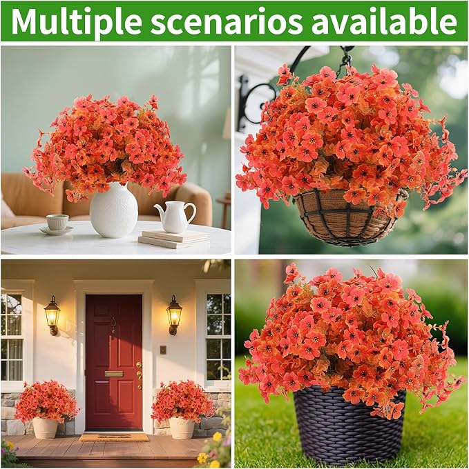 14 Bunch Outdoor Artificial Flowers with Plastic Plants Eucalyptus Faux Flowers, Outdoor Front Porch Hanging Planter Window Frame Garden Decor (Autumn Style)