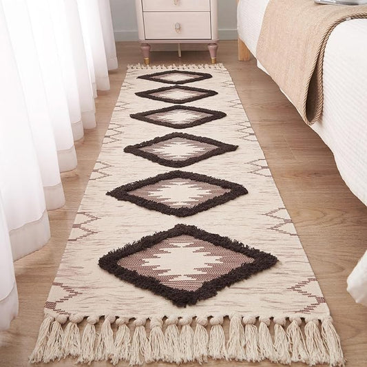 Boho Runner Rug 2'x6', Washable Hallway Farmhouse Area Rug, Kitchen Floor Mat with Tassels, Tufted Cotton Woven Entryway Carpet, Brown