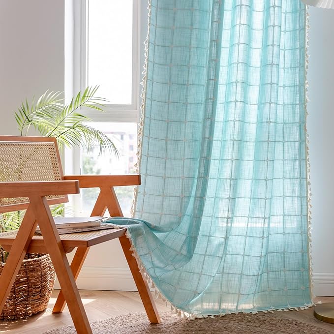 Sutuo Home Boho Curtains 90 Inches Long for Bedroom Living Room, Plaids Farmhouse Tassels Semi Blackout Linen Window Treatment Bohemian Embroidery Drape,Rod Pocket 1 Panel 52" W x 90" L, Aqua Blue