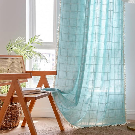 Sutuo Home Boho Curtains 90 Inches Long for Bedroom Living Room, Plaids Farmhouse Tassels Semi Blackout Linen Window Treatment Bohemian Embroidery Drape,Rod Pocket 1 Panel 52" W x 90" L, Aqua Blue