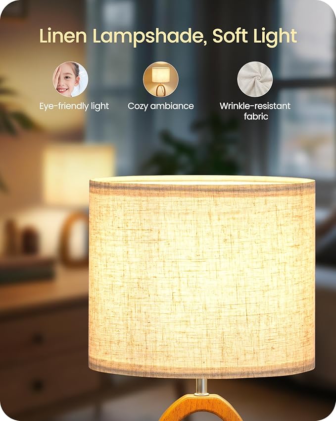 Small Table Lamp, Wood Bedside Lamp with Linen Lampshade, Modern Nightstand Lamp, Cute Desk Lamp for Living Room, Bedroom, E26 Base, Bulb Not Included, Beige and Dark Natural LE07TL05