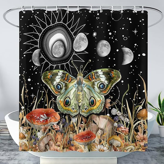 AILONEN Moth Shower Curtain,Sun and Moon Shower Curtain Set for Kids Girls Boys,Boho Natural Mushroom Plants Bath Curtain,Starry Night Bathroom Decor Shower Curtain with 12 Hooks,72" W*96" H