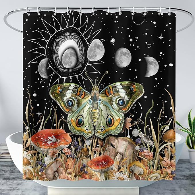 AILONEN Moth Shower Curtain,Sun and Moon Shower Curtain Set for Kids Girls Boys,Boho Natural Mushroom Plants Bath Curtain,Starry Night Bathroom Decor Shower Curtain with 12 Hooks,72" W*72" H