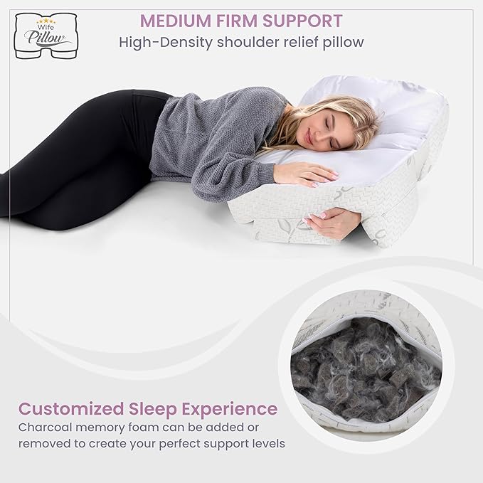 Medium Firm High Density Support. Arm Hole Slots for Cervical, Shoulder Pain Relief. Adjustable for Side, Back, Stomach Sleeping. Rayon Shell/Charcoal Infused Shredded Memory Foam