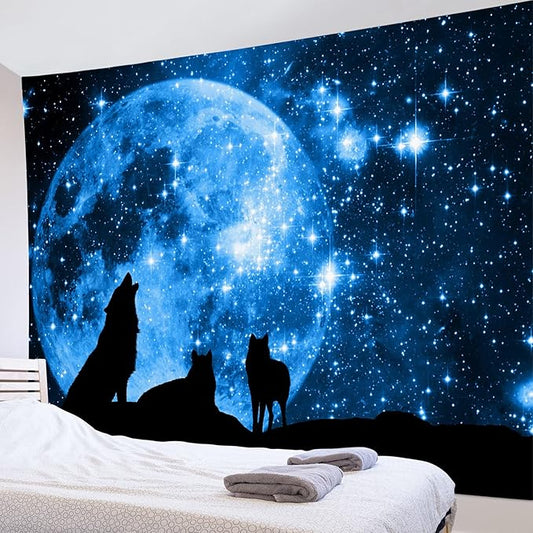 HVEST Wolf Tapestry Wolves on Mountain Wall Hanging Full Moon in Starry Sky Tapestries for Kids Bedroom Living Room Dorm Party Wall Decor,92.5Wx70.9H inches