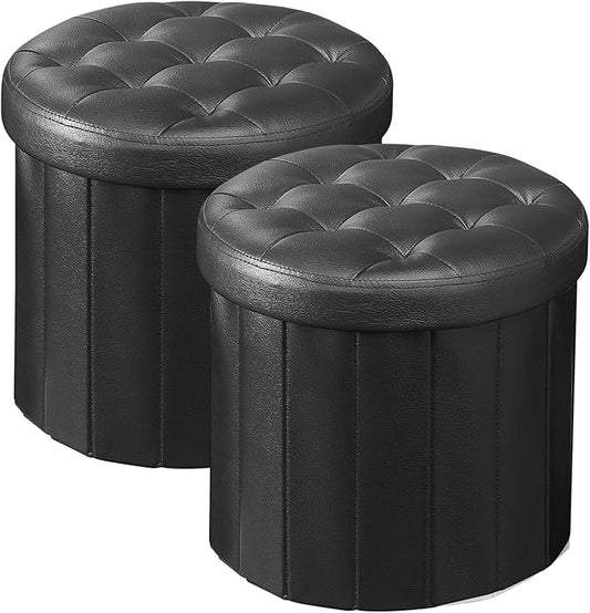 Bsketa® Ottoman with Storage， Foot Rest Stool with Thicker Foam Padded Seat Leather Small Round 14“ x 14” x 13 "Inchs Storage Ottoman Bench for Living Room Foldable Pouf Coffee Table 2 Pack，Black