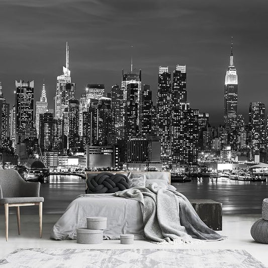 Black and White City Night View Wallpaper for Bathroom Background Wall Decor (Not Peel and Stick)